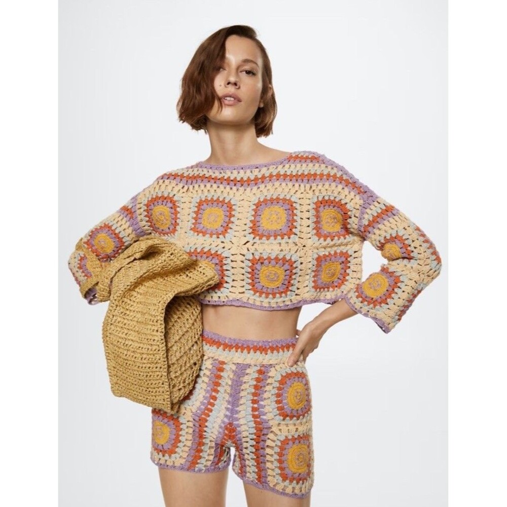 MANGO women's cotton crochet floral stylish classic sweater size M multi color